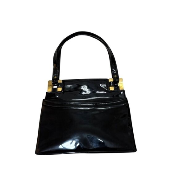 Lux Black Patent Leather Handbag Glossy VTG 60s Top Handles Gold Tone Hardware - Picture 1 of 14